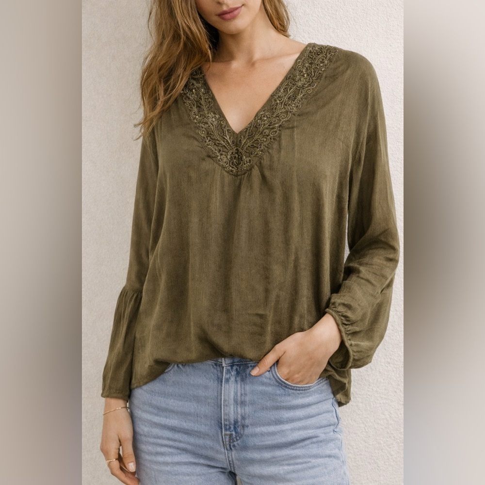 Lucky Brand Olive Embroidered Blouse